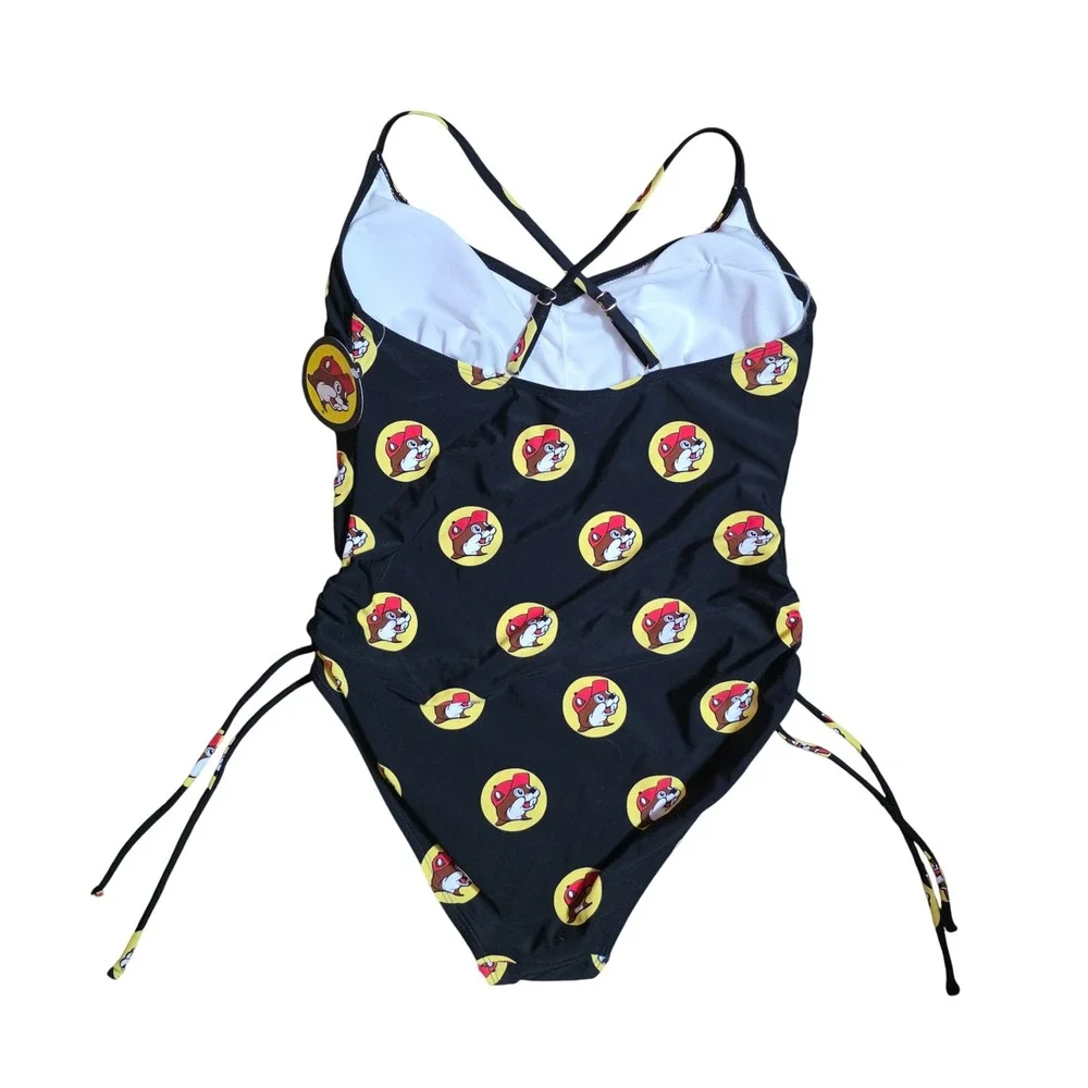 Buc-ee's Women XL One Piece Swimsuit Black Logo Print Ruched Side Texas Novelty
